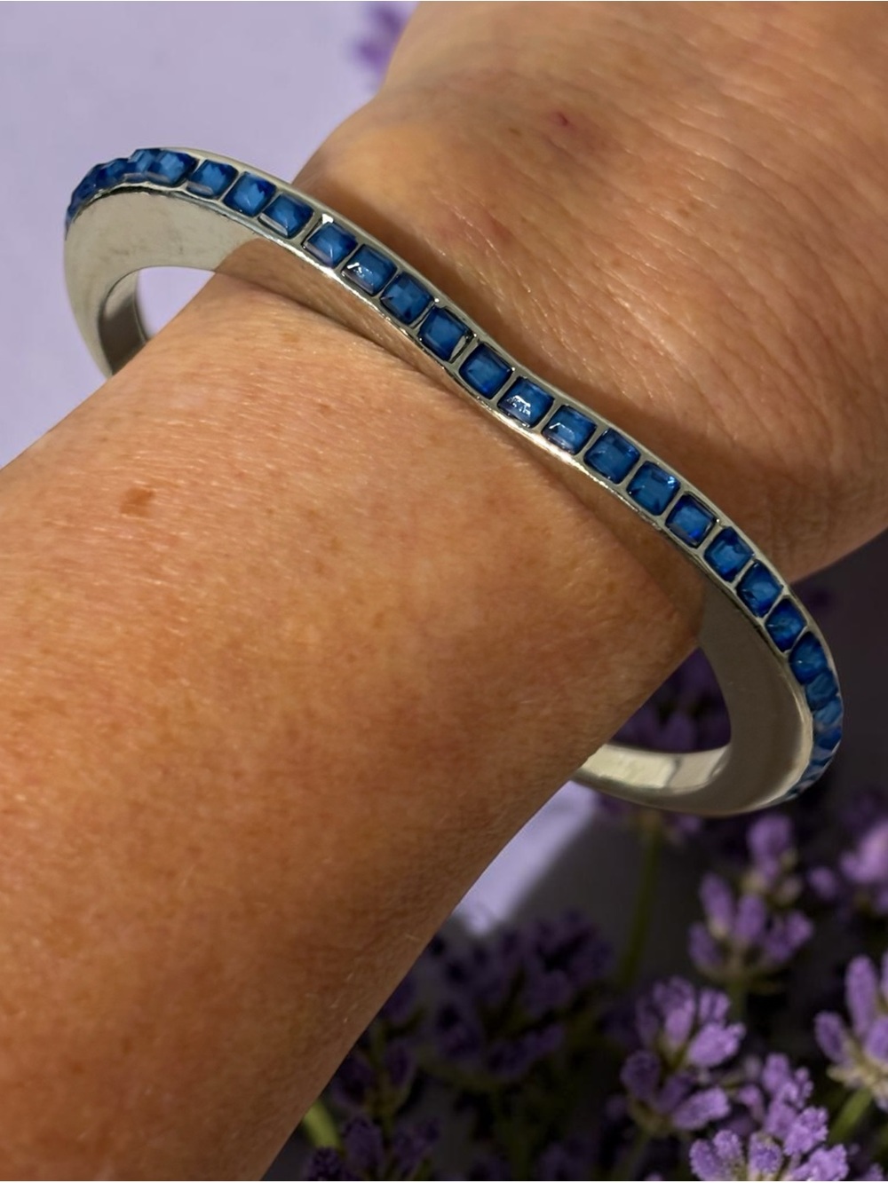 BCBGeneration Silver-Tone Blue Crystal Heart Shaped Bangle Bracelet